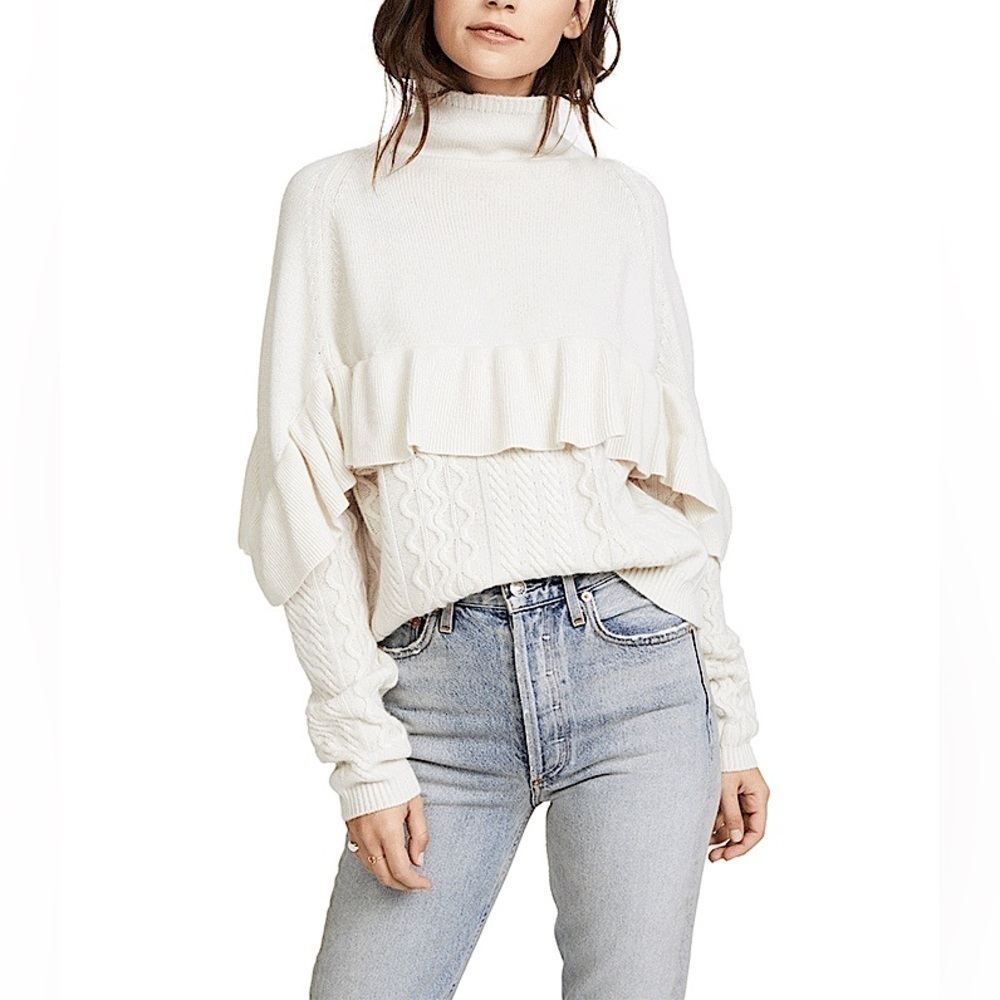 NAADAM Chunky Cable Knit Ruffle Tiered Mockneck Oversized Victorian Sweater S